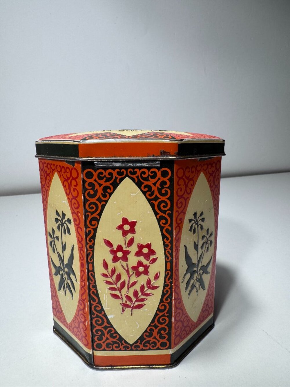 Vintage British Octagonal Floral Tin Orange Black Retro Storage Canister